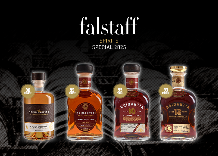 Prämierte Premium-Whiskys von Steinhauser: Alter Williams, Brigantia Single Casks – Top-Bewertungen im Falstaff Spirits Special 2025.