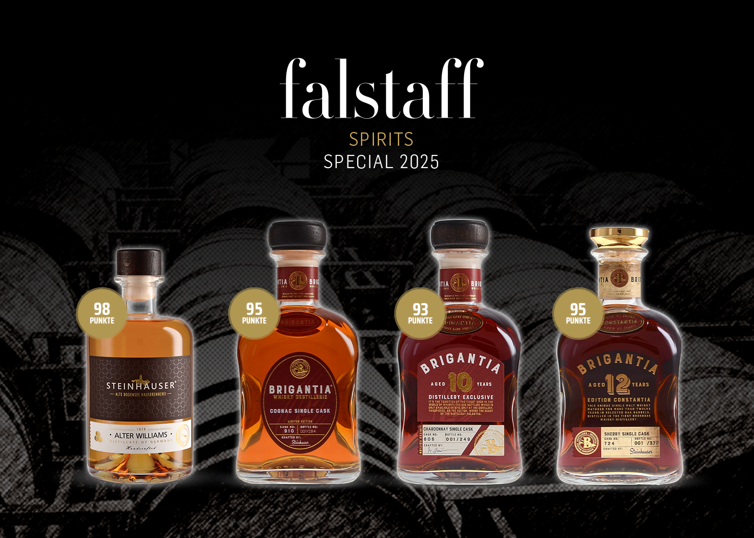 Prämierte Premium-Whiskys von Steinhauser: Alter Williams, Brigantia Single Casks – Top-Bewertungen im Falstaff Spirits Special 2025.