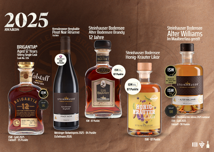 Ausgezeichnete Weine, Bodensee Whisky und Destillate aus regionalen Zutaten – prämiert im Jahr 2025 für handwerkliche Qualität, Tradition und einzigartigen Genuss vom Bodensee.