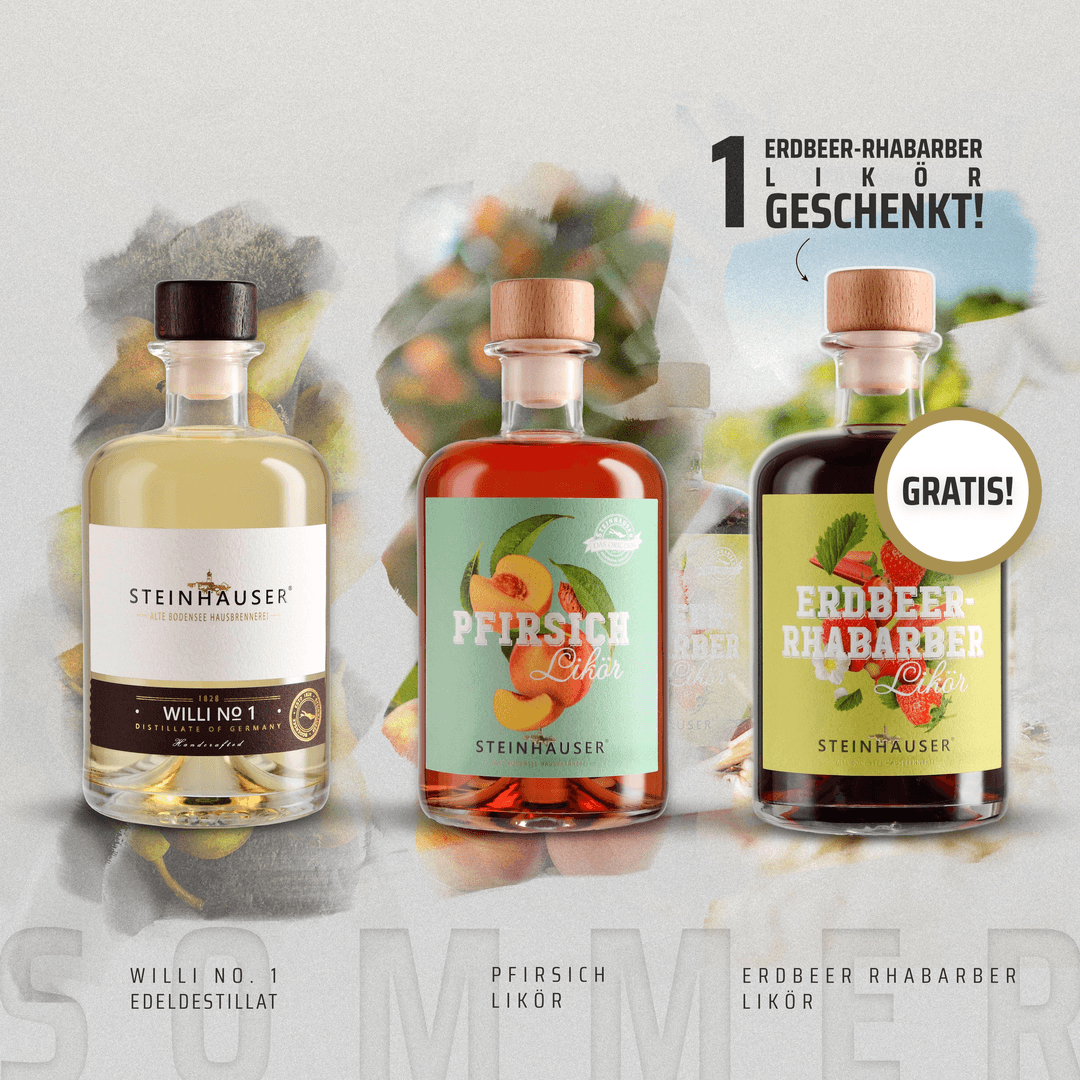 Sommer Paket || 1x Willi No1 500ml | 1x Pfirsich Likör 500ml | 1x Erdbeer-Rhabarber Likör 500ml