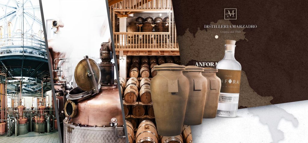 Die Distilleria MARZADRO - Einblicke in die Brennerei und das Fasslager. Anfora - einem ganz besonderen Grappa, denn er wird nicht im Fass gereift, wie üblich, sondern in einer Terracotta-Amphore.